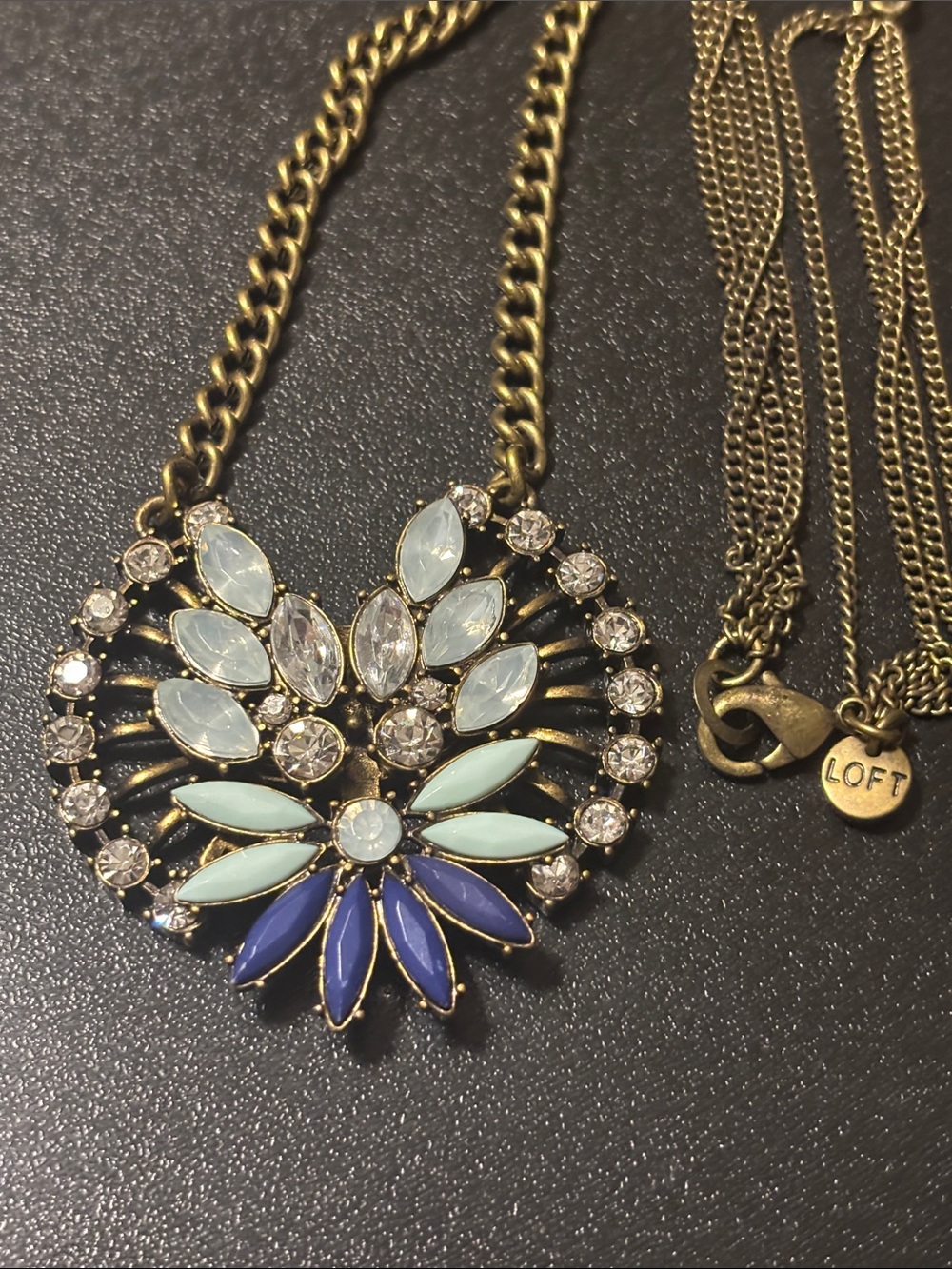 Statement LOFT Antique Gold-Tone Necklace with Rhinestone Blue Light Blue Stones